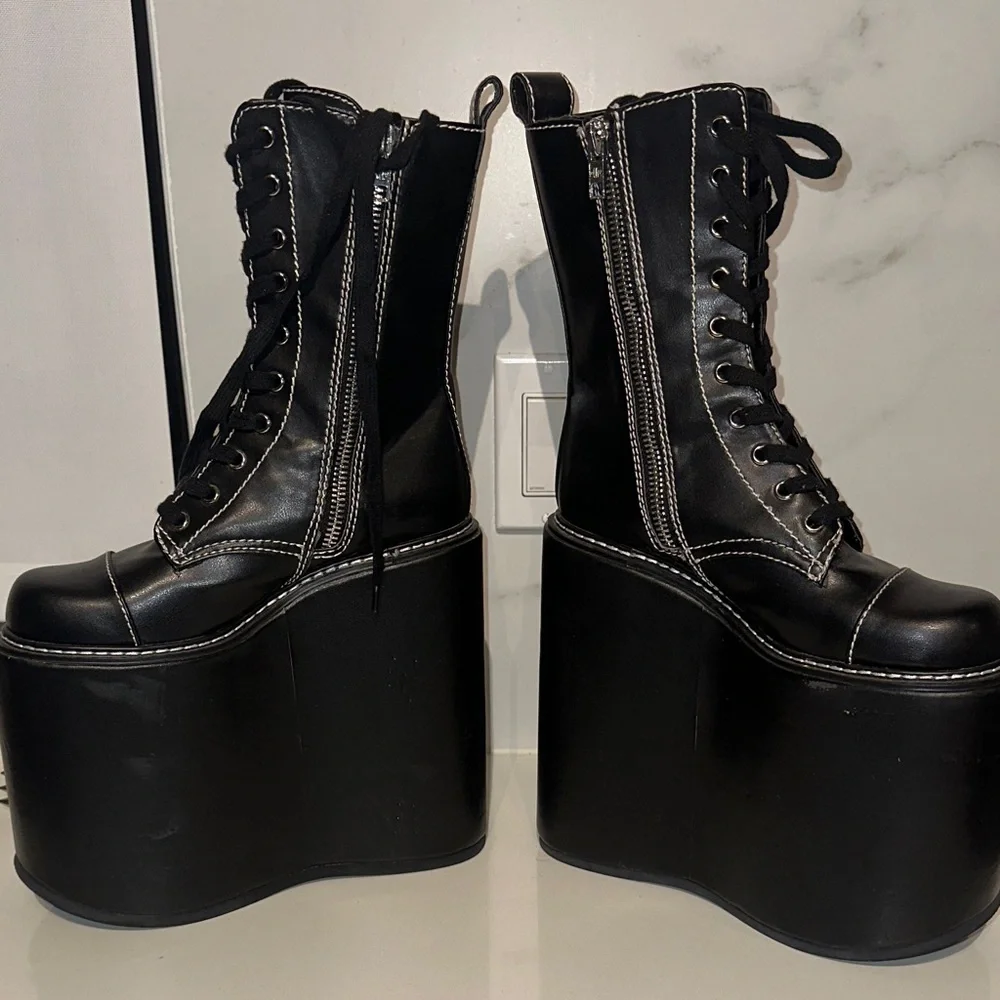 Dolls Kill Never Censored F off Black Platform Boots with Studs